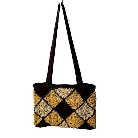 Vintage Crochet Patterned Shoulder Bag - Brown, Tan and Beige boho beach vibes - Picture 2 of 9